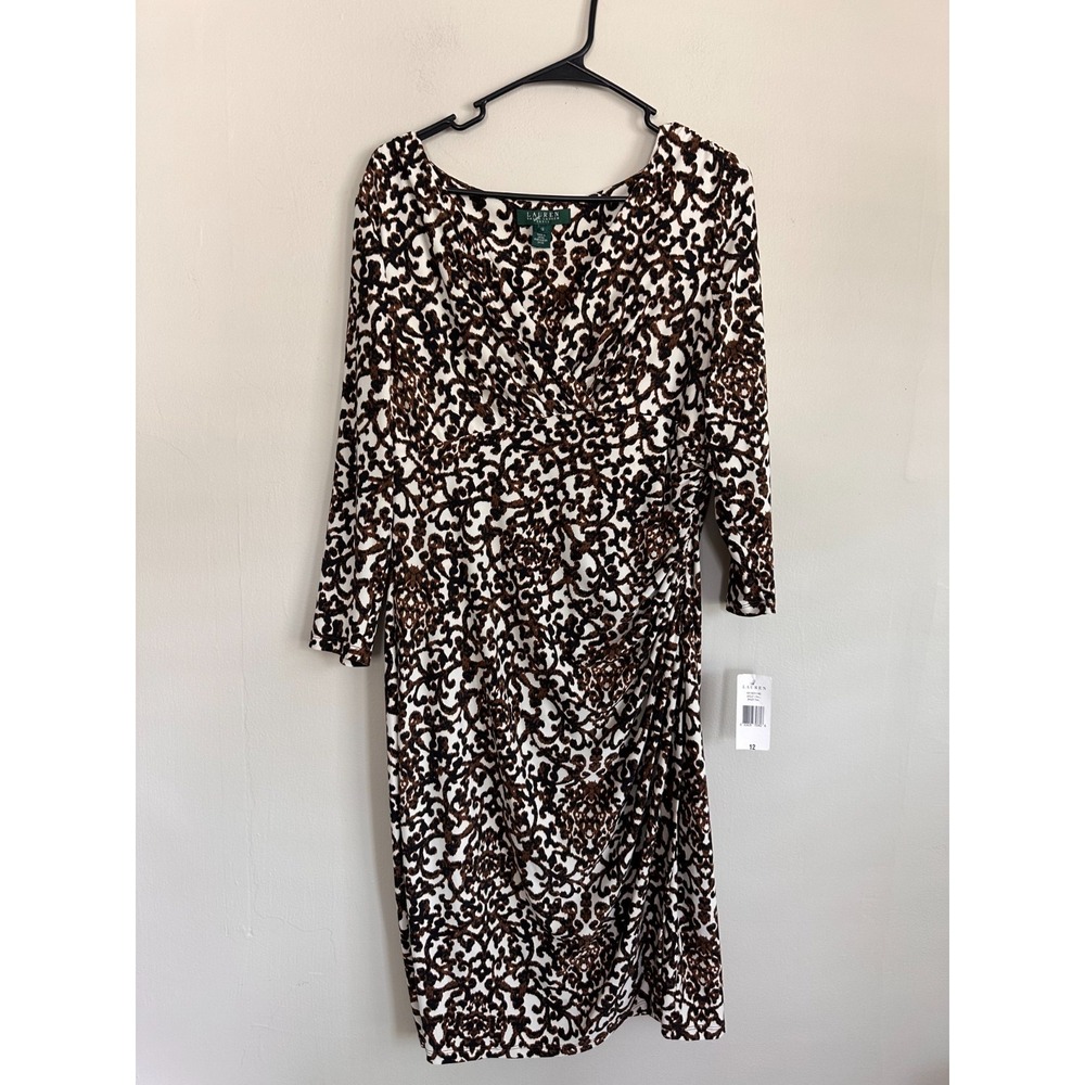 NWT VTG Lauren Ralph Lauren Jersey Dress Size 12 Brown White Stretch Side Ruched